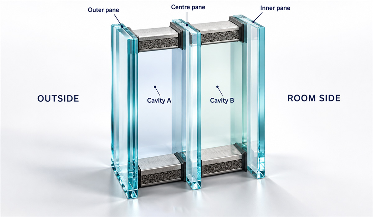 3D cross-section of triple glazing showing three glass panes and two separate gas cavities 3D cross-section of triple glazing showing three glass panes and two separate gas cavities